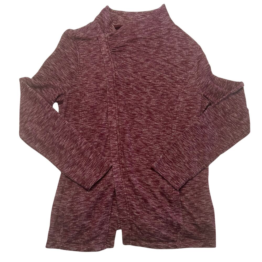 G.H. Bass & Co. L Heather Burgundy Asymmetrical Full Zip Fleece Jacket Mock Neck